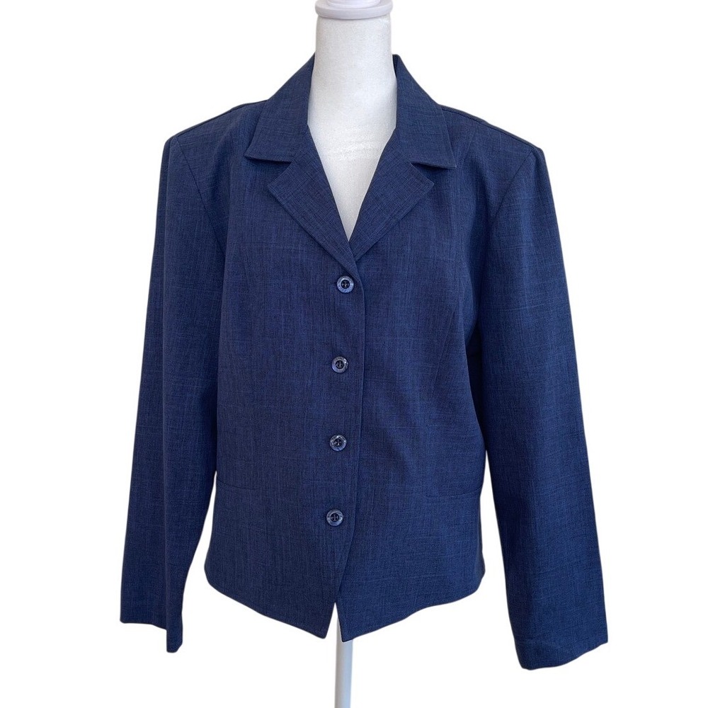 Womens Blue Textured Four Button Blazer Jacket Professional Career Navy Coat